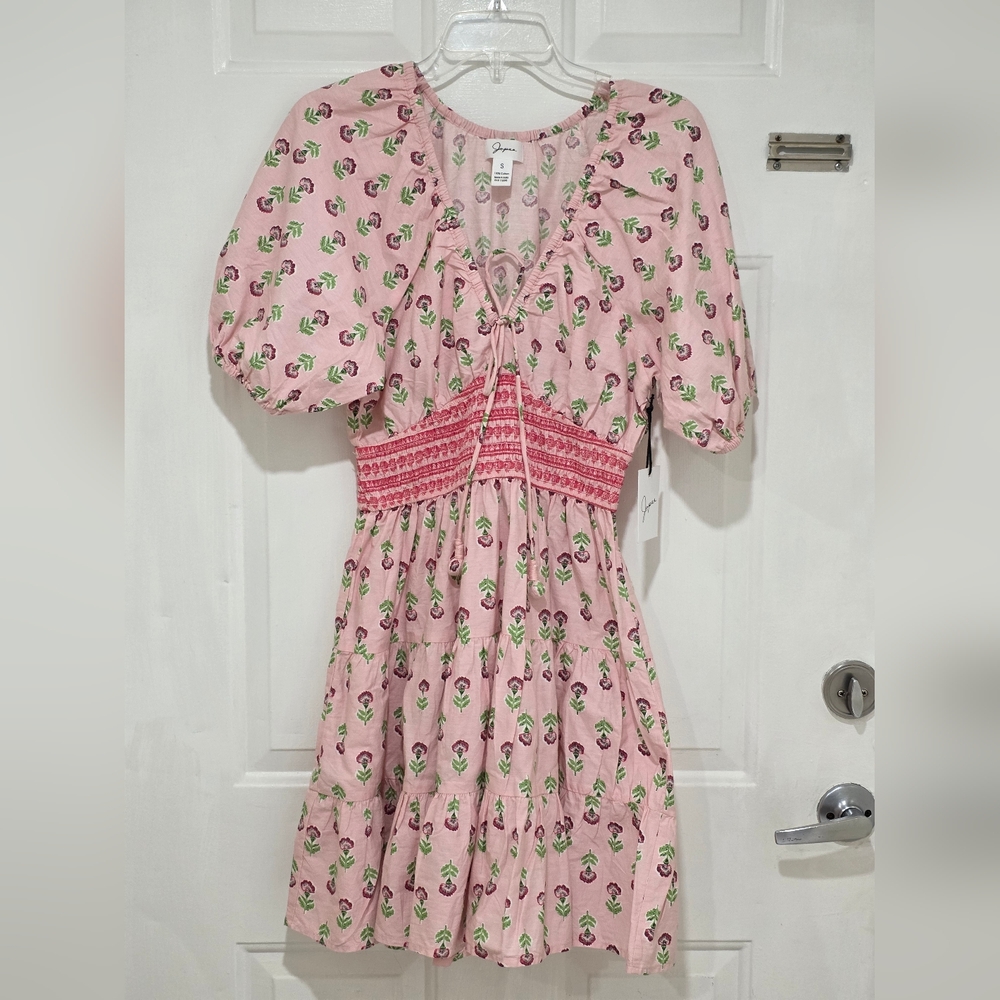 Jopra Floral Dress Puff Sleeves Embroidered Bodice Pink Size S